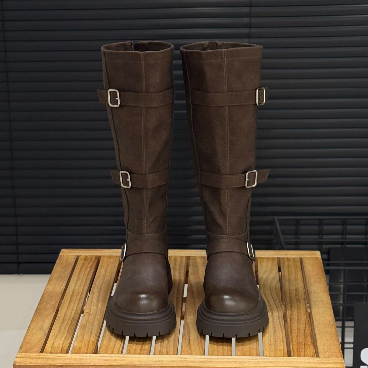 粗跟不过膝长筒靴女2025秋冬新款弹力瘦瘦高筒骑士靴皮带扣机车靴,淘宝优惠券,粉丝福利购,淘宝优惠卷