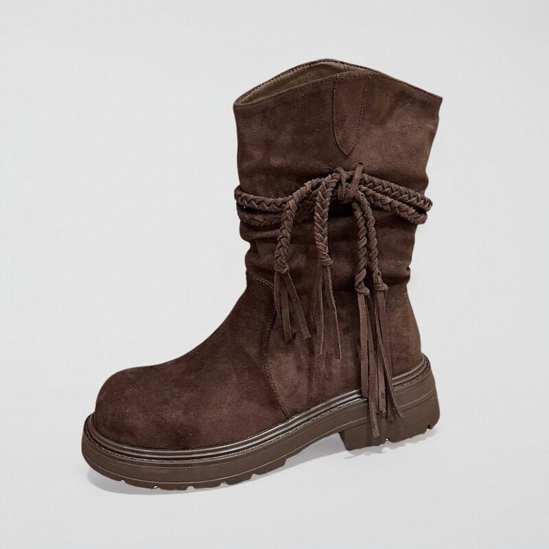 2025秋冬新款复古中筒靴女靴编织绳流苏装饰西部牛仔靴个性马丁靴,淘宝优惠券,粉丝福利购,淘宝优惠卷