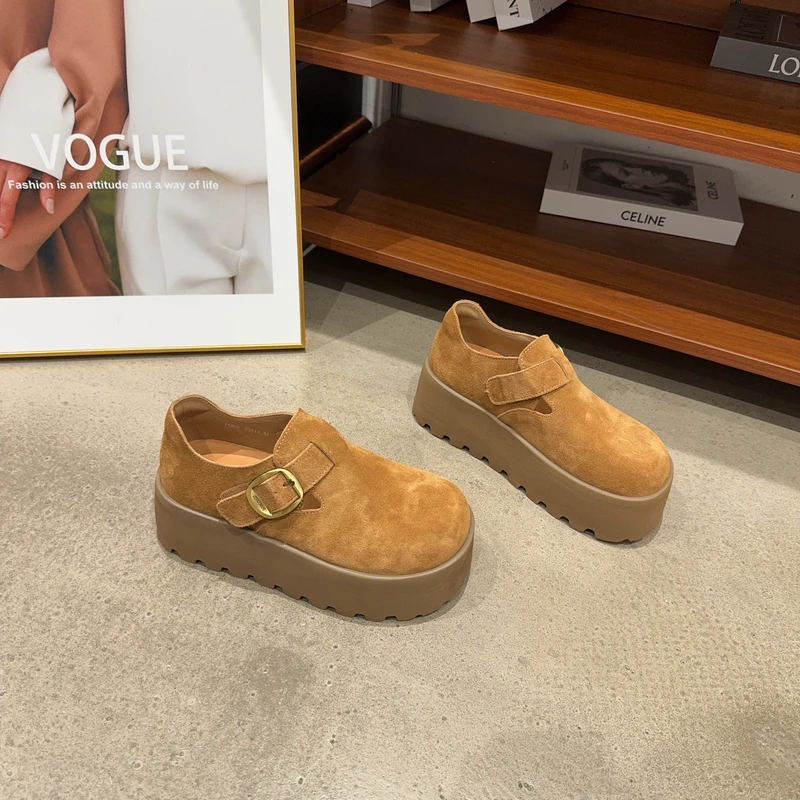 719-5秋季新品女真皮厚底增高勃肯鞋魔术贴一脚蹬乐福鞋小个子潮 - 图2