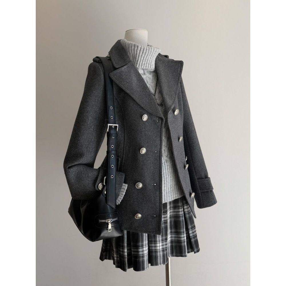【灰韵轻调】甜美双排扣毛呢外套格纹短裙两件套日系学院风套装女,淘宝优惠券,粉丝福利购,淘宝优惠卷