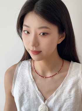 OPs盛夏果实天然红玛瑙纯银樱原创小众设计感串珠项链本命年好运