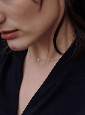 OPs极光小灯泡天然淡水珍珠满天星美国进口14K包金纯银项链锁骨链