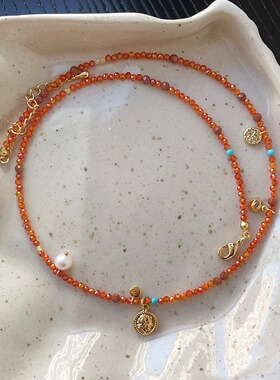 精致绝美闪亮橙红锆石天然淡水珍珠女王金币小众设计手工串珠项链