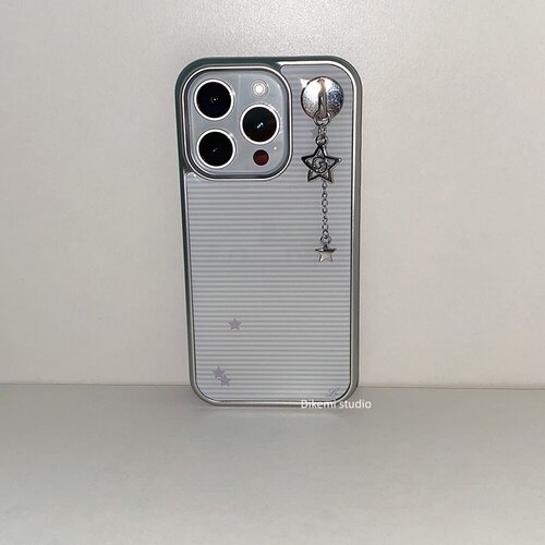 韩国ins小众Y2K冷淡风灰白横纹五角星电镀银边手机壳适用iphone17promax苹果16promax/13/14/15promax保护套 - 图3