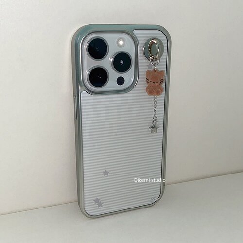 韩国ins小众Y2K冷淡风灰白横纹五角星电镀银边手机壳适用iphone17promax苹果16promax/13/14/15promax保护套 - 图2