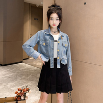 Denim Short Coat Woman New Fashion Design Feel Single Row Gold Button Wool Edge 100 Hitch Irregular Long Sleeve Denim Jacket