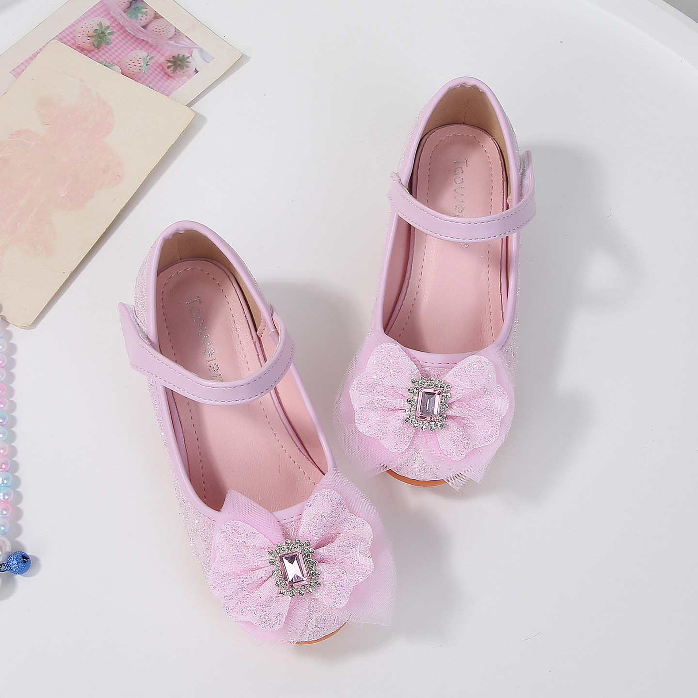 女童紫色蝴蝶结公主鞋魔术贴高跟鞋春秋新款水晶鞋玛丽珍鞋单鞋,淘宝优惠券,粉丝福利购,淘宝优惠卷