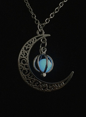 欧美4色夜光珠月亮南瓜项链月亮