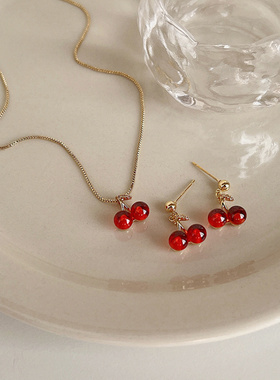 日韩感红色樱桃吊坠项链女2023夏