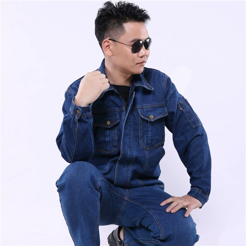 Износостойкие джинсы с начесом для работы, демисезонный хлопковый комплект подходит для мужчин и женщин