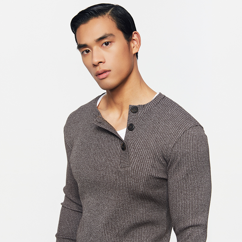 Southstudio打底毛衣男女同款25春上新亨利斜领口灰条纹针织衫 - 图3