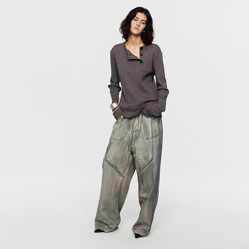 Southstudio打底毛衣男女同款25春上新亨利斜领口灰条纹针织衫 - 图1