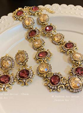 复古方形拼接镶钻项链套装