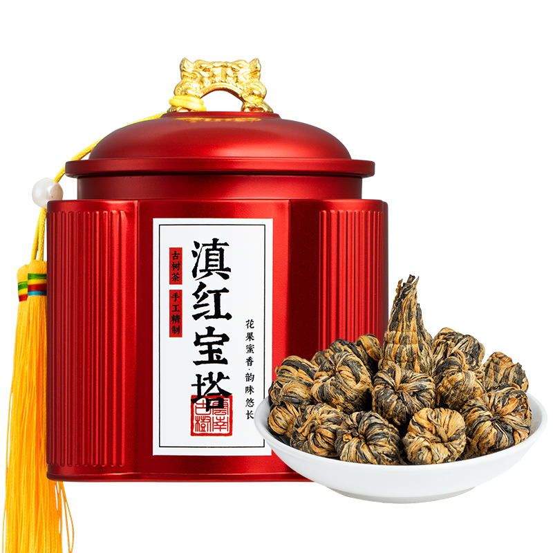 五虎茶叶旗舰店五虎滇红宝塔正宗云南凤庆滇红特级古树红茶蜜香型罐装茶叶礼盒装3