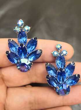 中古 宝蓝色马眼莱茵石雪花胸针耳夹套装 成色好