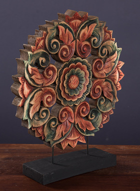 东南亚风格圆形木雕金箔客厅摆件