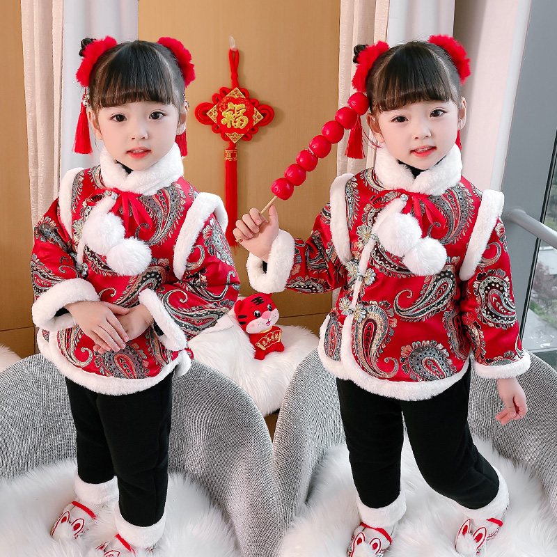 女童拜年服冬装套装加厚汉服中小童唐装女宝宝汉服儿童新年两件套 - 图1