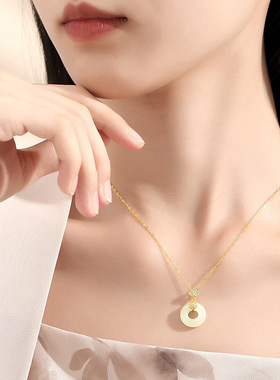 原创大吉平安扣项链女925纯银复古14K金色和田玉吊坠中国风项饰品