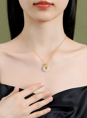 原创十二花神项链女复古国潮新中式花卉平安扣白玉髓吊坠999纯银