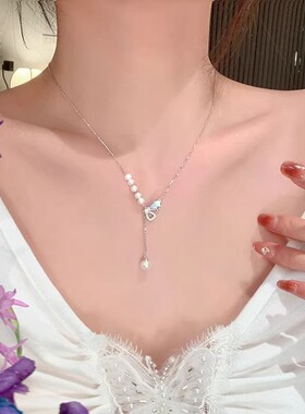 韩系镶锆蝴蝶珍珠流苏项链女纯银轻奢小众高级感锁骨链小清新项饰