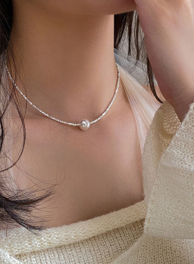 s925纯银碎银子正圆珍珠项链女ins高级感小众设计简约仿珍珠颈链