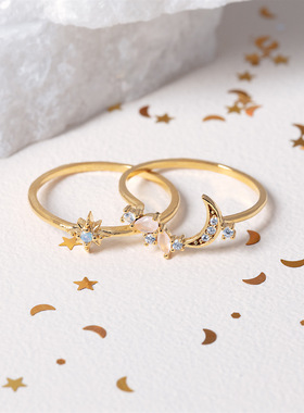 亚马逊新款星星月亮组合戒指时尚精美微镶锆石指环跨境手饰品