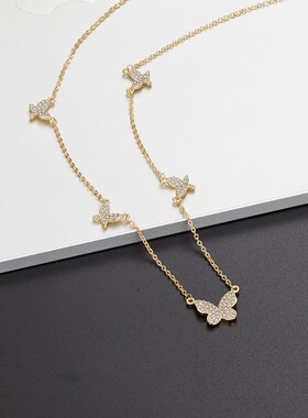 跨境欧美ins潮流百搭蝴蝶锁骨链微镶锆石项链铜镀真金饰品女