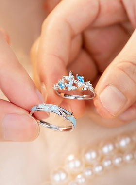 999纯银原创云梦蝶鲸夜光情侣对戒ins小清新蝴蝶鲸鱼戒指珐琅指环