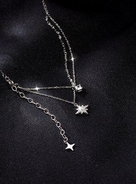 s925纯银闪钻六芒星项链女ins轻奢小众设计冷高级双层流苏锁项链