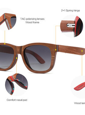 新款滑板木遮阳镜高品质实木夹层偏光墨镜复古方框太阳眼镜