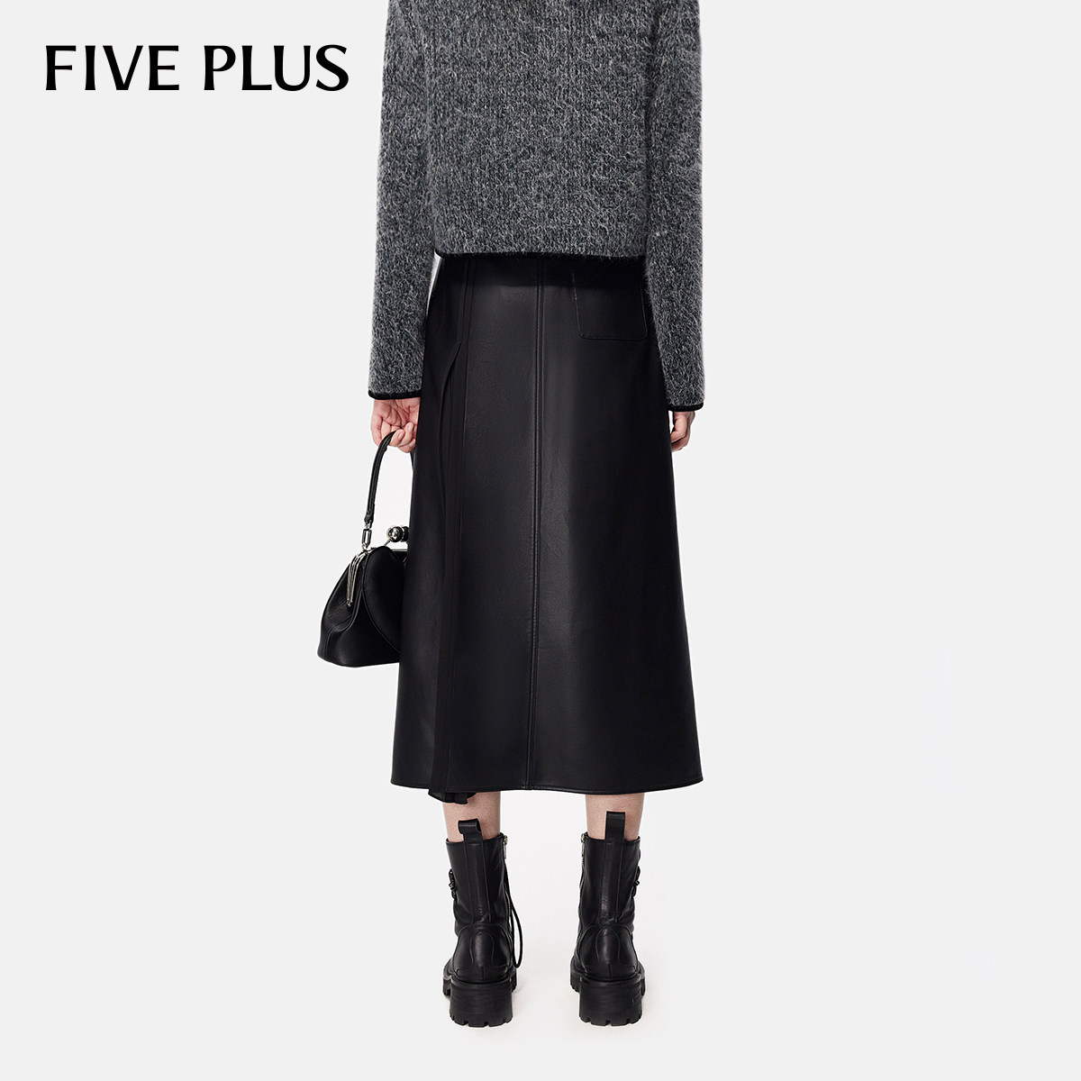 FIVE PLUSPU皮裙女半身裙中长款复古开叉百褶A字裙,淘宝优惠券,粉丝福利购,淘宝优惠卷