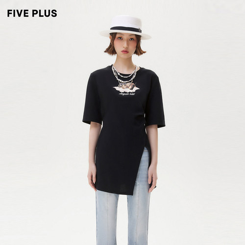 FIVE PLUST恤女复古天使图案短袖开叉别致上衣刺绣 - 图0