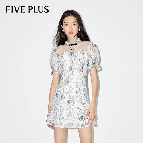 FIVE PLUS连衣裙女新中式盘扣裙子泡泡袖印花女夏装 - 图0
