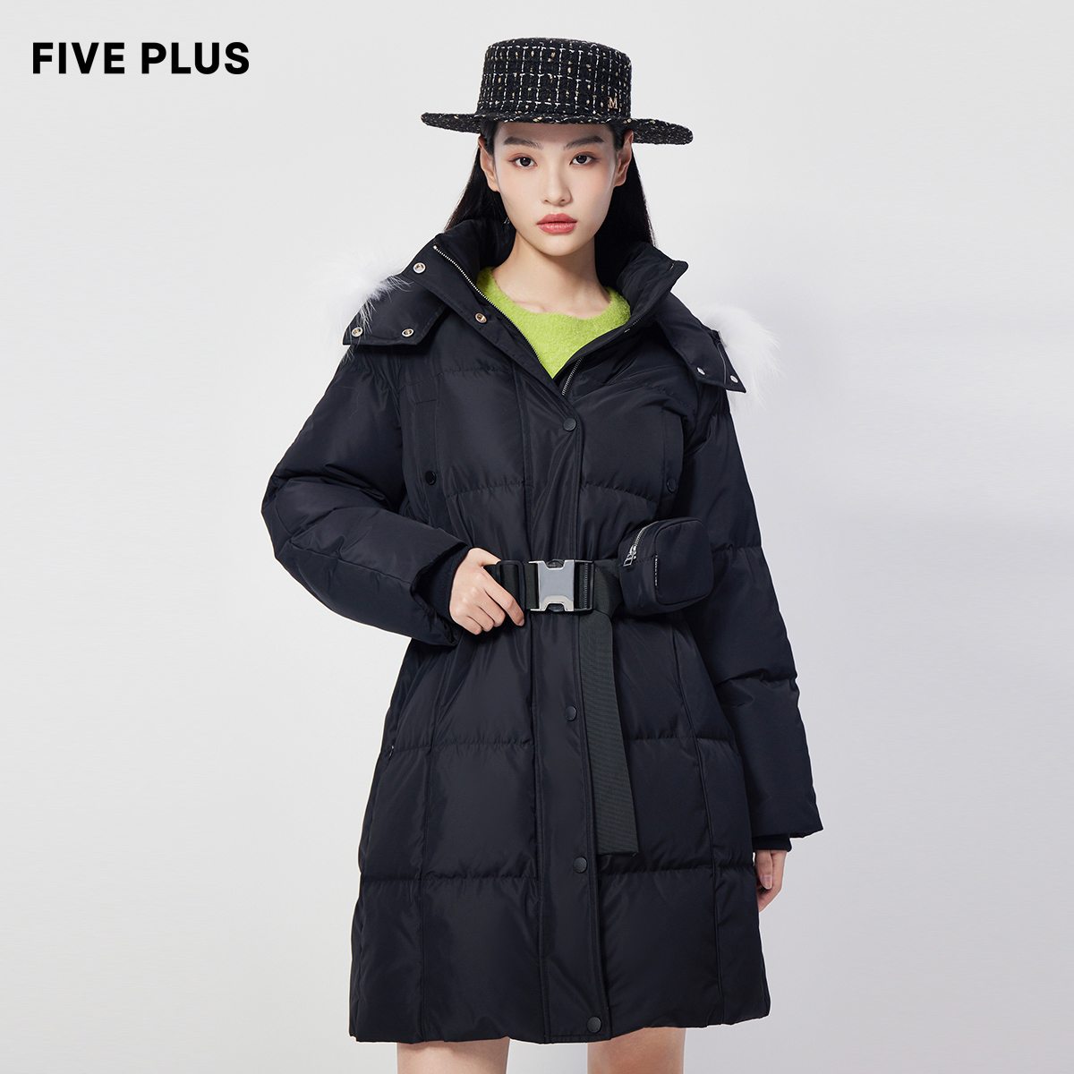 FIVE PLUS女冬装貉子毛领羽绒服女长款系带连帽外套立领-图0