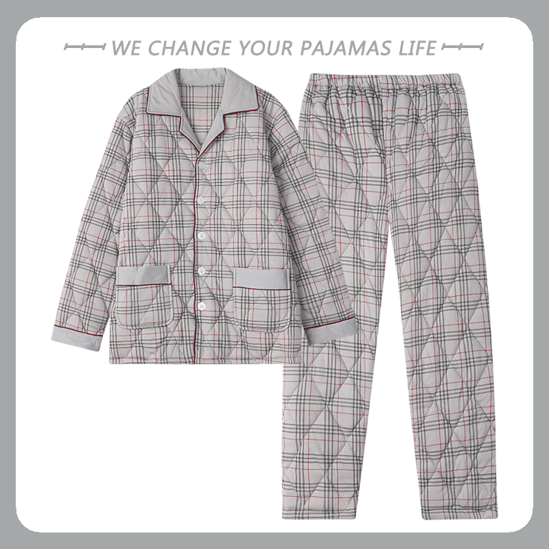 北极绒纯棉三层加厚睡衣男士冬季夹棉袄大码秋冬季棉衣家居服套装 - 图1