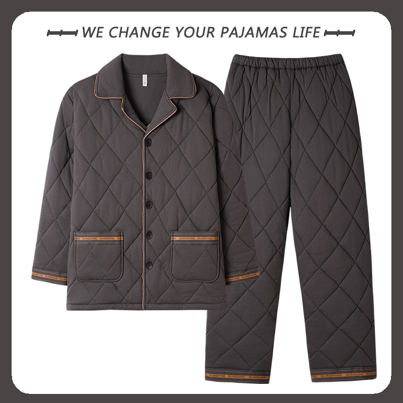 北极绒纯棉三层加厚睡衣男士冬季夹棉袄大码秋冬季棉衣家居服套装 - 图2