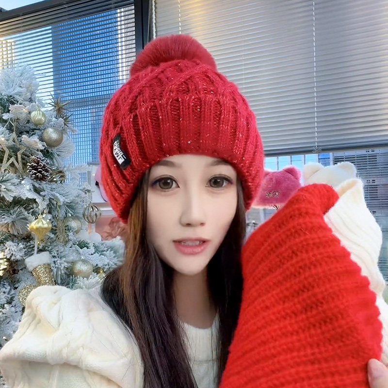 毛线帽子女秋冬季2026新款亮片毛球针织帽加绒加厚骑车保暖套头帽,淘宝优惠券,粉丝福利购,淘宝优惠卷