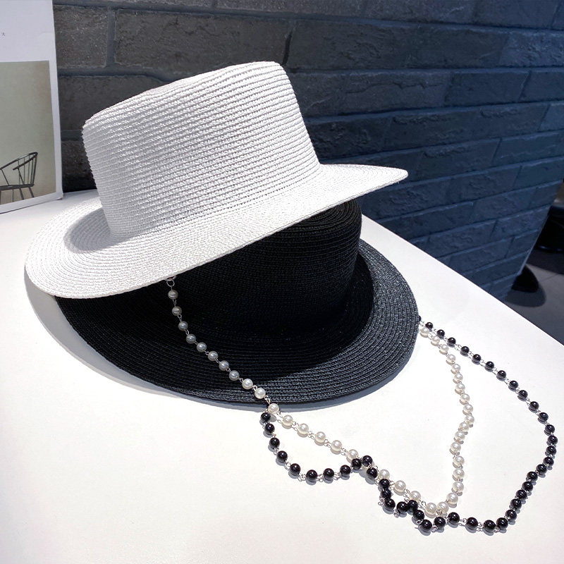 法式帽子女夏甜美优雅平顶黑色礼帽遮阳小香风珍珠链条大檐草帽潮,淘宝优惠券,粉丝福利购,淘宝优惠卷