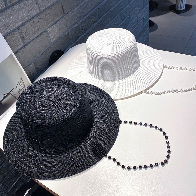 法式帽子女夏甜美优雅平顶黑色礼帽遮阳小香风珍珠链条大檐草帽潮,淘宝优惠券,粉丝福利购,淘宝优惠卷