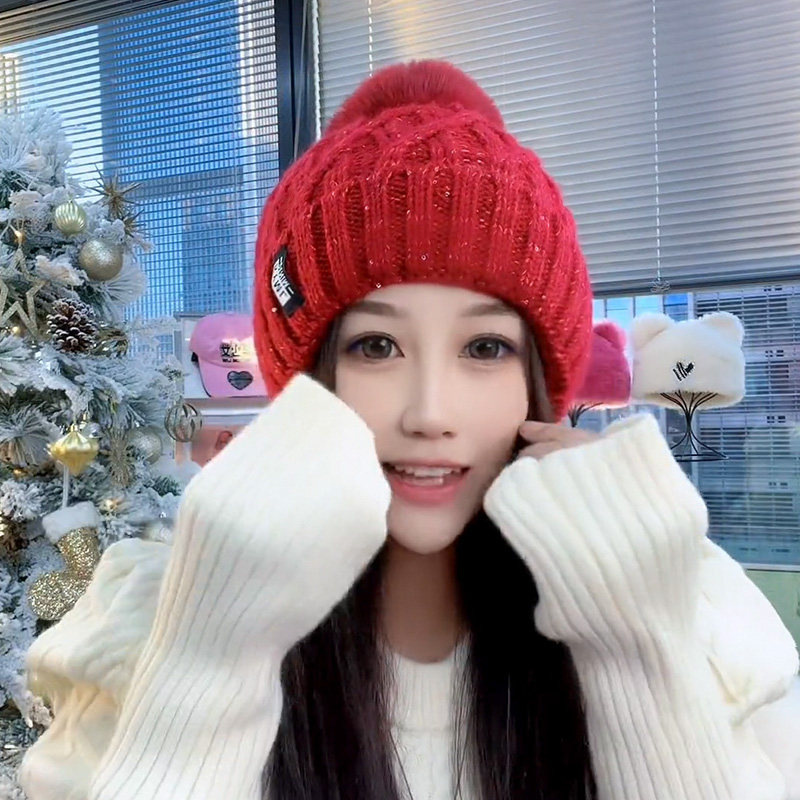 毛线帽子女秋冬季2026新款亮片毛球针织帽加绒加厚骑车保暖套头帽,淘宝优惠券,粉丝福利购,淘宝优惠卷