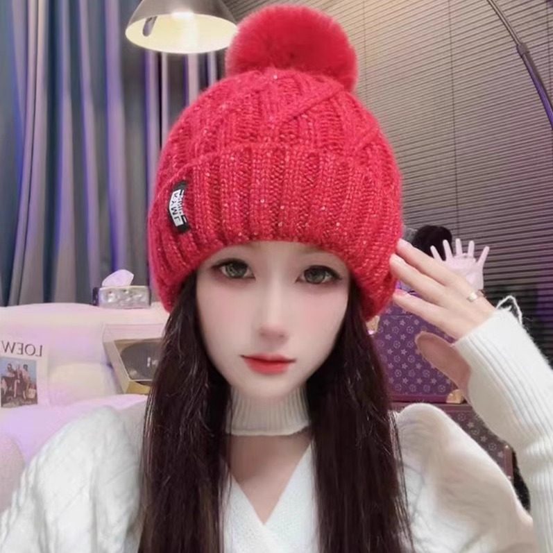 2026新款亮片毛球针织毛线帽子女秋冬季加绒加厚骑车保暖套头冷帽,淘宝优惠券,粉丝福利购,淘宝优惠卷