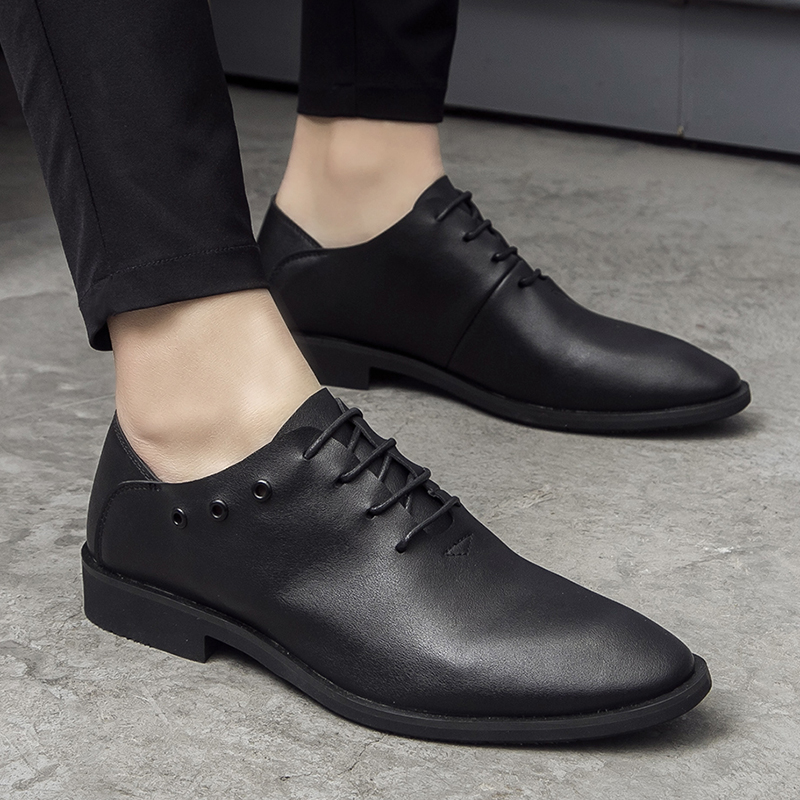 春季男士商务休闲皮鞋英伦尖头软面皮透气真皮正装黑色内增高男鞋 - 图1