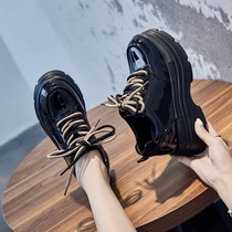 Temperament Superior Wind ~ 2023 Autumn Winter New Thick Bottom Interior Heightening Lacquer Leather Small Leather Shoes Woman 100 lap 8cm Little Subsoil