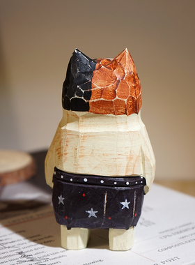 星星裤子猫手工木雕小摆件