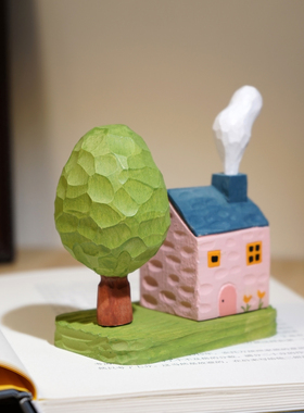 “小美好”手工木雕小摆件解压治愈绿树小屋创意桌面装饰品礼物