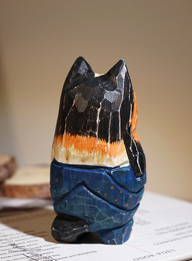 橘色花脸背带裤猫手工木雕小摆件