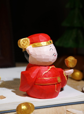 “送财来~”手工木雕小摆件可爱转元宝财神工位装饰品新年吉祥物
