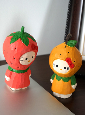 【清仓价】草莓kitty猫咪纯手工木雕小摆件可爱KT木质雕刻公仔