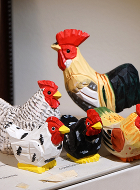 迷你公鸡手工木雕小摆件