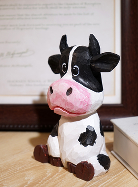 憨憨奶牛手工木雕小摆件